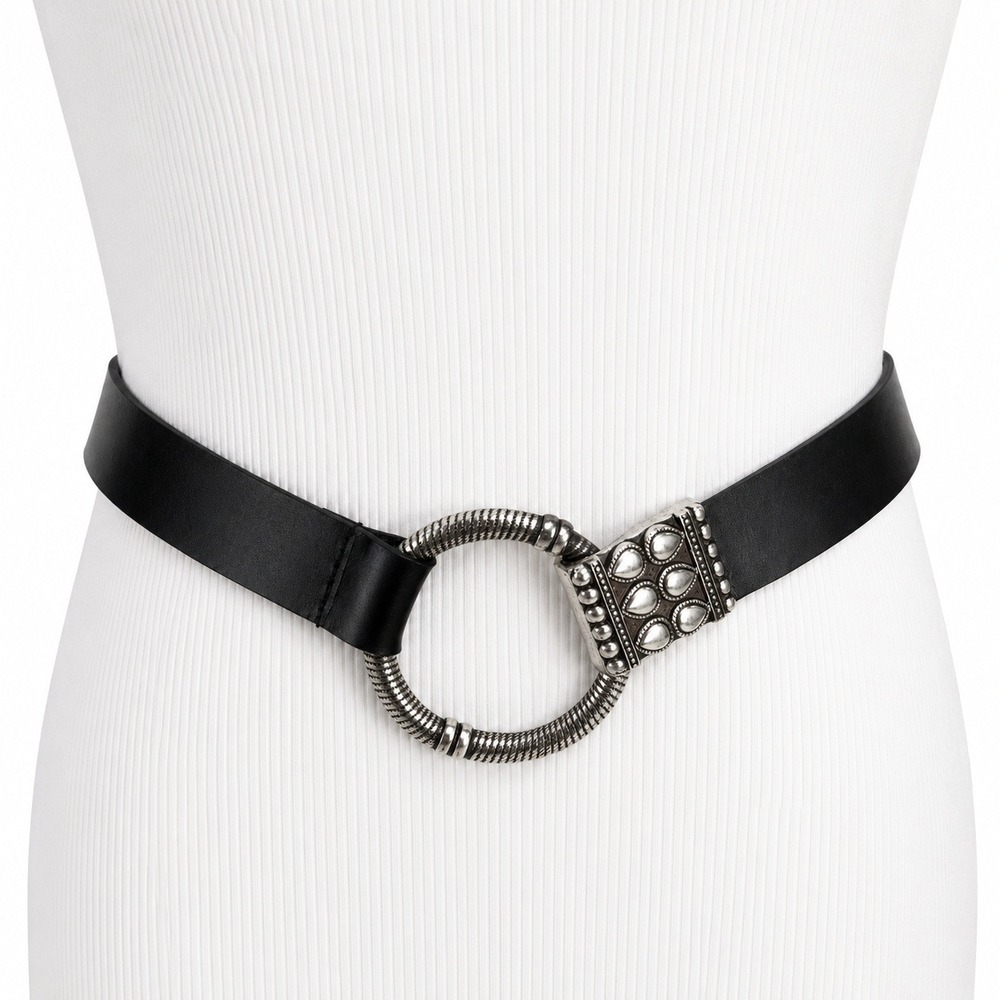 Chico's M/L Belt Black Genuine Leather Silver Ring Hook Boho Western 1133912